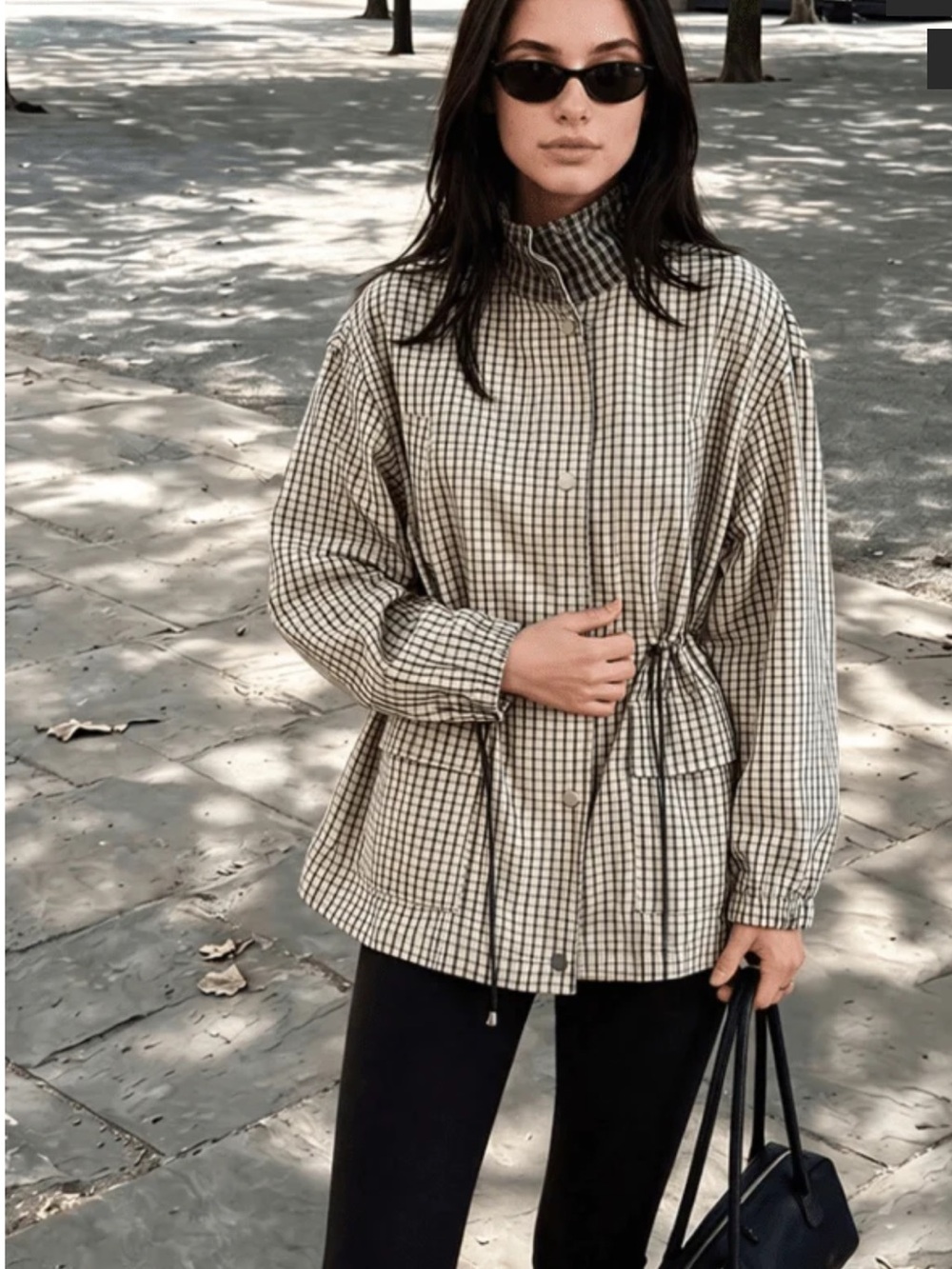 Zara Light Beige Checked Drawstring Jacket - Women
